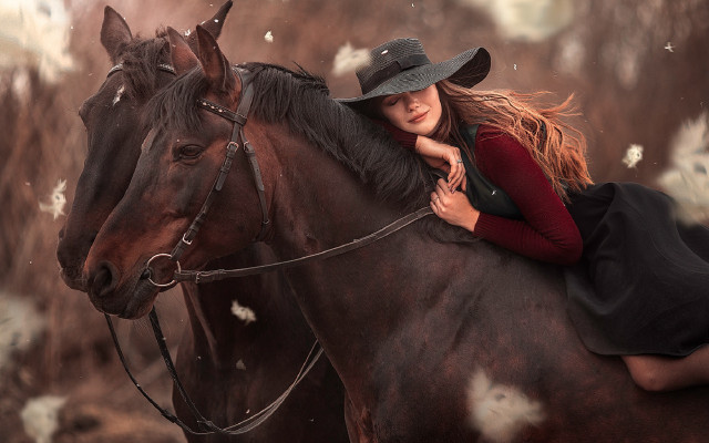 Woman hat riding horse flower free wallpaper - medium preview image