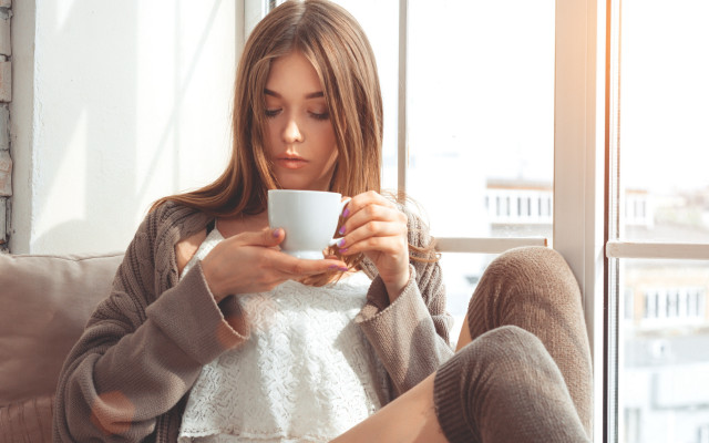 Woman coffee phone window pale free wallpaper - medium preview image