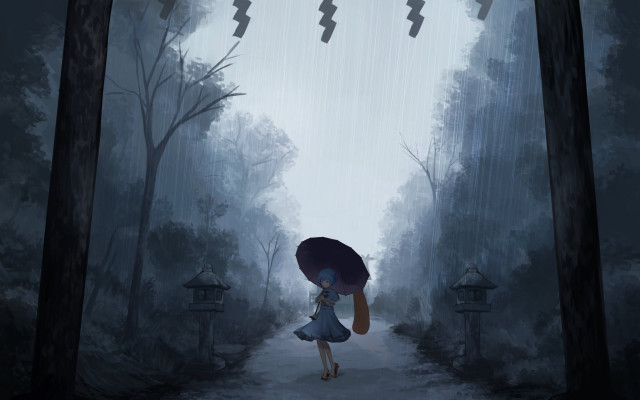 Girl umbrella woods rain birds free wallpaper - medium preview image
