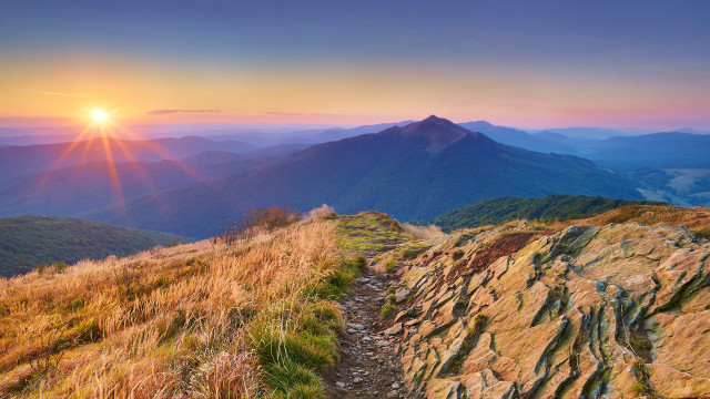 Mountain trail sunset lake cityscape free wallpaper - medium preview image