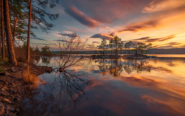 Lake trees sunset clouds magic free wallpaper - medium preview image
