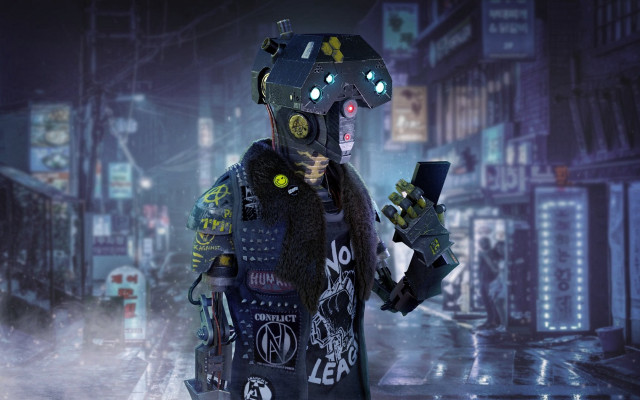 Cyberpunk man neon city android free wallpaper - medium preview image