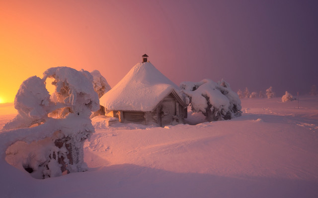 Snowy house sunset trees winter free wallpaper - medium preview image