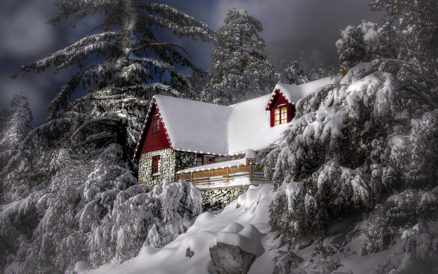 Snowy house forest shrine torii free wallpaper - medium preview image