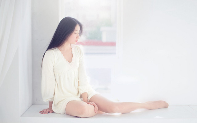 Woman sitting window sill white free wallpaper - medium preview image