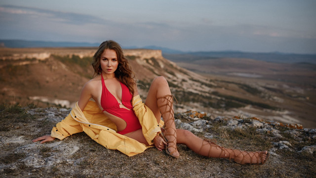 Woman redbikini yellowpants rock mountain free wallpaper - medium preview image