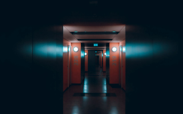Long hallway red walls black free wallpaper - medium preview image