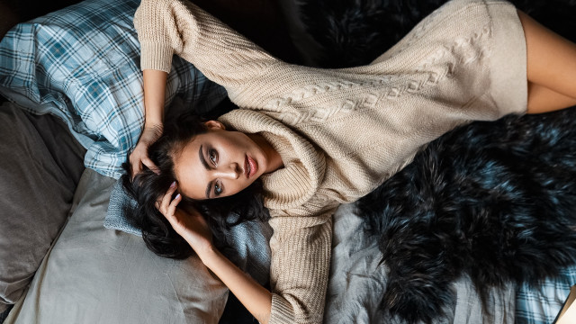 Woman lying bed pillow blanket free wallpaper - medium preview image
