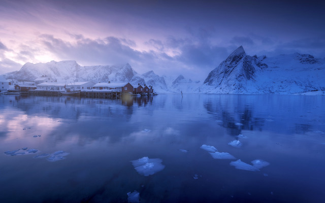 Snowy mountain lake houses cloudy free wallpaper - medium preview image