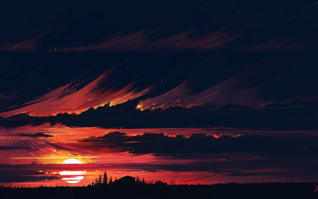 Sunset red sky clouds mountains free wallpaper - medium preview image