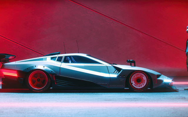 Futuristic man car red background free wallpaper - medium preview image