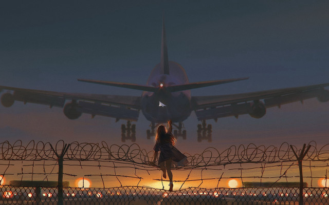 Woman fence airplane night city free wallpaper - medium preview image