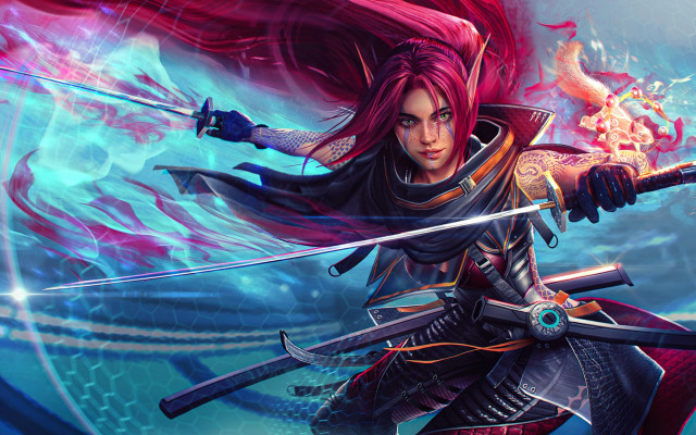 Red haired elf sword dragon free wallpaper - medium preview image