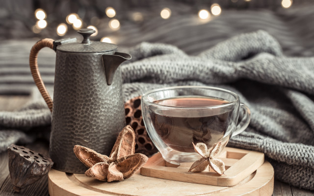 Tea teapot wooden tray blurry free wallpaper - medium preview image