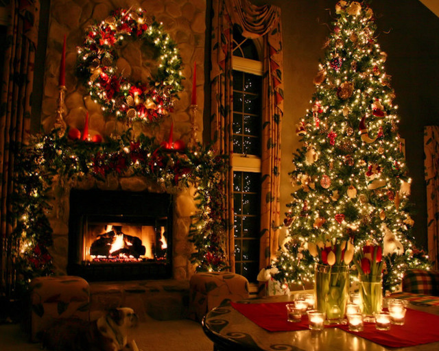 Living room christmas tree fireplace free wallpaper - medium preview image