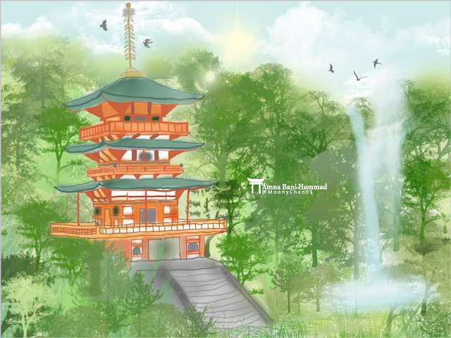 Pagoda forest waterfall birds painting free wallpaper - medium preview image