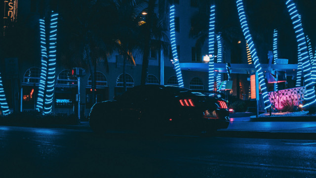 Car palm street synthwave neon free wallpaper - medium preview image