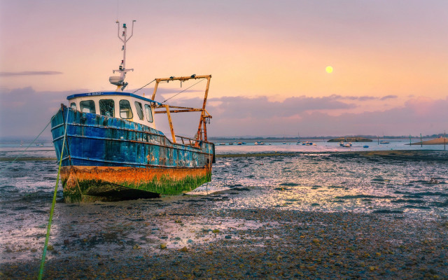 Boat beach ocean sunset moon free wallpaper - medium preview image