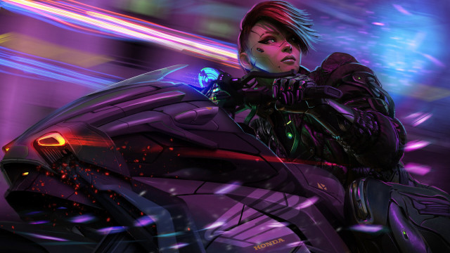 Futuristic woman cyberpunk neon helmet free wallpaper - medium preview image