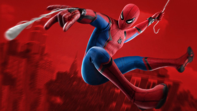 Spiderman flying cityscape red background free wallpaper - medium preview image