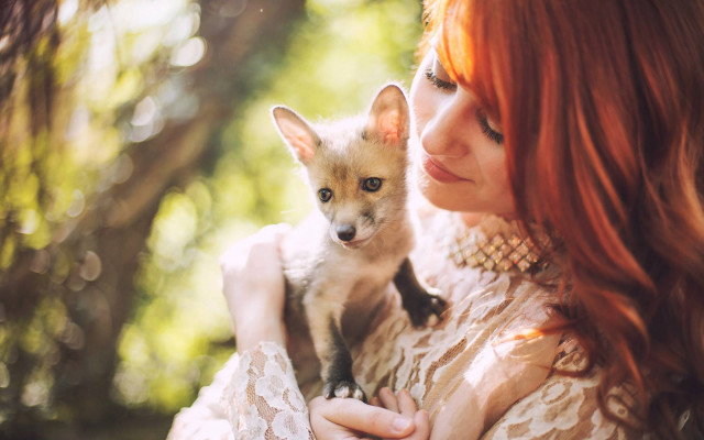Woman fox forest illustration bokeh free wallpaper - medium preview image
