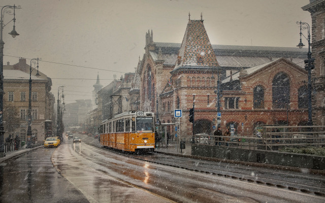 Yellow trolley snowy cityscape architecture free wallpaper - medium preview image