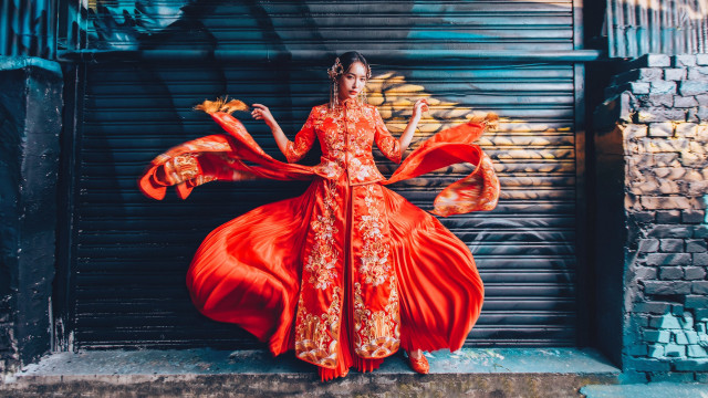 Woman red dress arabesque portrait free wallpaper - medium preview image