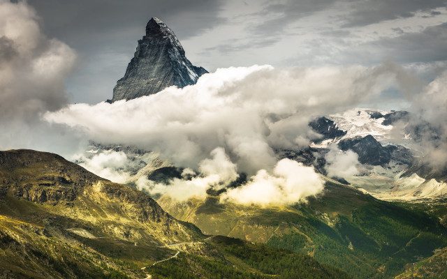 Mountain peak clouds valley trees free wallpaper - medium preview image