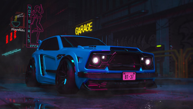 Blue car neon lights retrofuturism free wallpaper - medium preview image