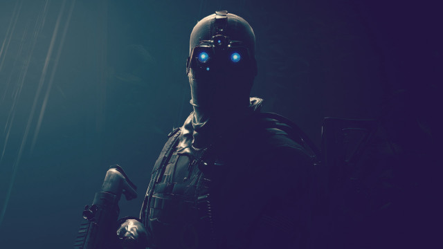 Futuristic man glowing eyes gun free wallpaper - medium preview image