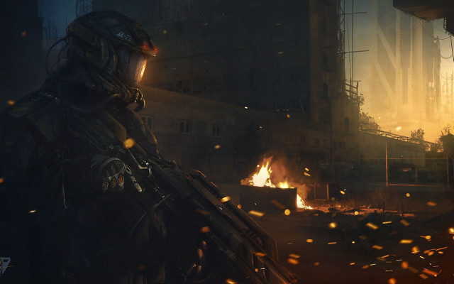 Futuristic man burning cityscape embers free wallpaper - medium preview image