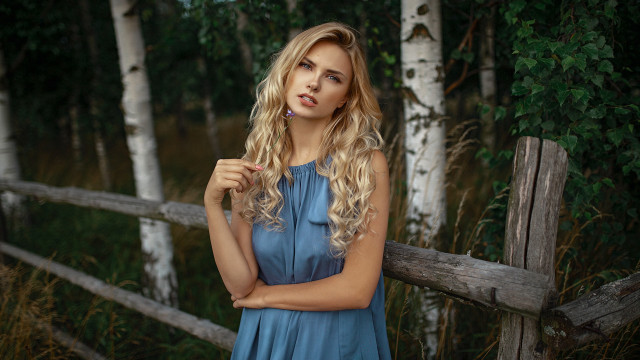 Blonde woman blue dress fence free wallpaper - medium preview image