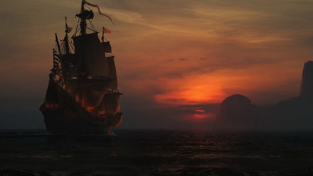 Ship ocean sunset mountain clouds free wallpaper - medium preview image
