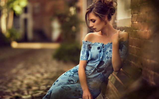 Woman bench blue dress cellphone free wallpaper - medium preview image