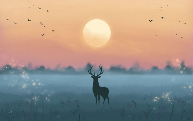 Deer sunset field birds mountain free wallpaper - medium preview image