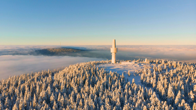 Tower snowy forest clouds sunset free wallpaper - medium preview image