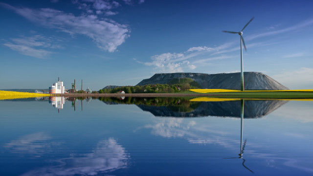 Windmill lake mountain boat sky free wallpaper - medium preview image