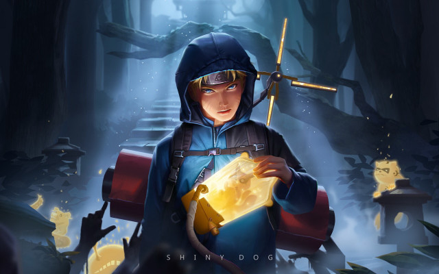 Boy hooded jacket glowing lantern free wallpaper - medium preview image