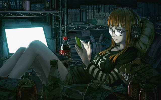 Woman beer phone sitting cyberpunk free wallpaper - medium preview image