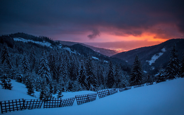 Snowy mountain fence trees sunset free wallpaper - medium preview image
