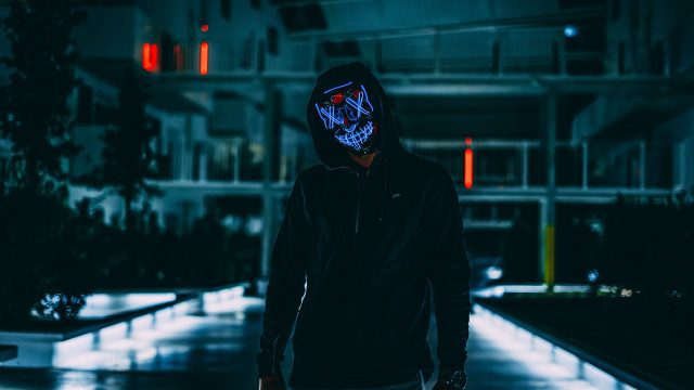 Man hoodie neon mask rain free wallpaper - medium preview image