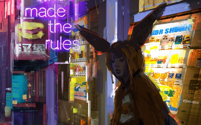 Cyberpunk woman vendingmachine neon sign free wallpaper - medium preview image