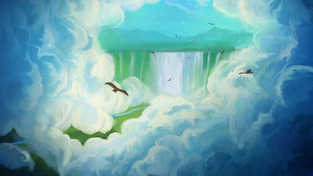 Waterfall birds flying clouds mountain free wallpaper - medium preview image