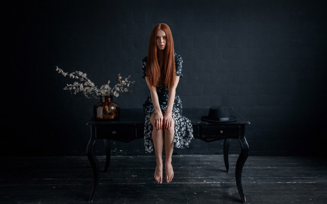 Red haired woman vase flowers free wallpaper - medium preview image