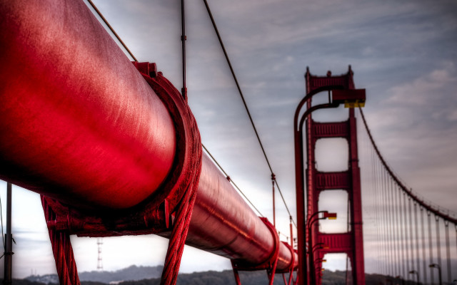 Red pipe bridge mountains cloudy free wallpaper - medium preview image