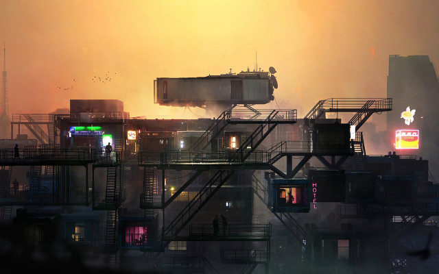 City smoke platform cyberpunk sunset free wallpaper - medium preview image