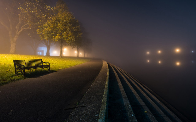 Foggy night bench park lights free wallpaper - medium preview image