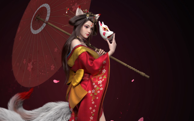 Woman red yellow dress umbrella free wallpaper - medium preview image