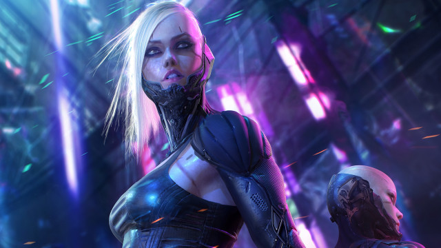 Futuristic woman man cyberpunk glowing free wallpaper - medium preview image