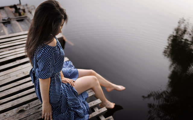 Woman bench water reflection blue free wallpaper - medium preview image